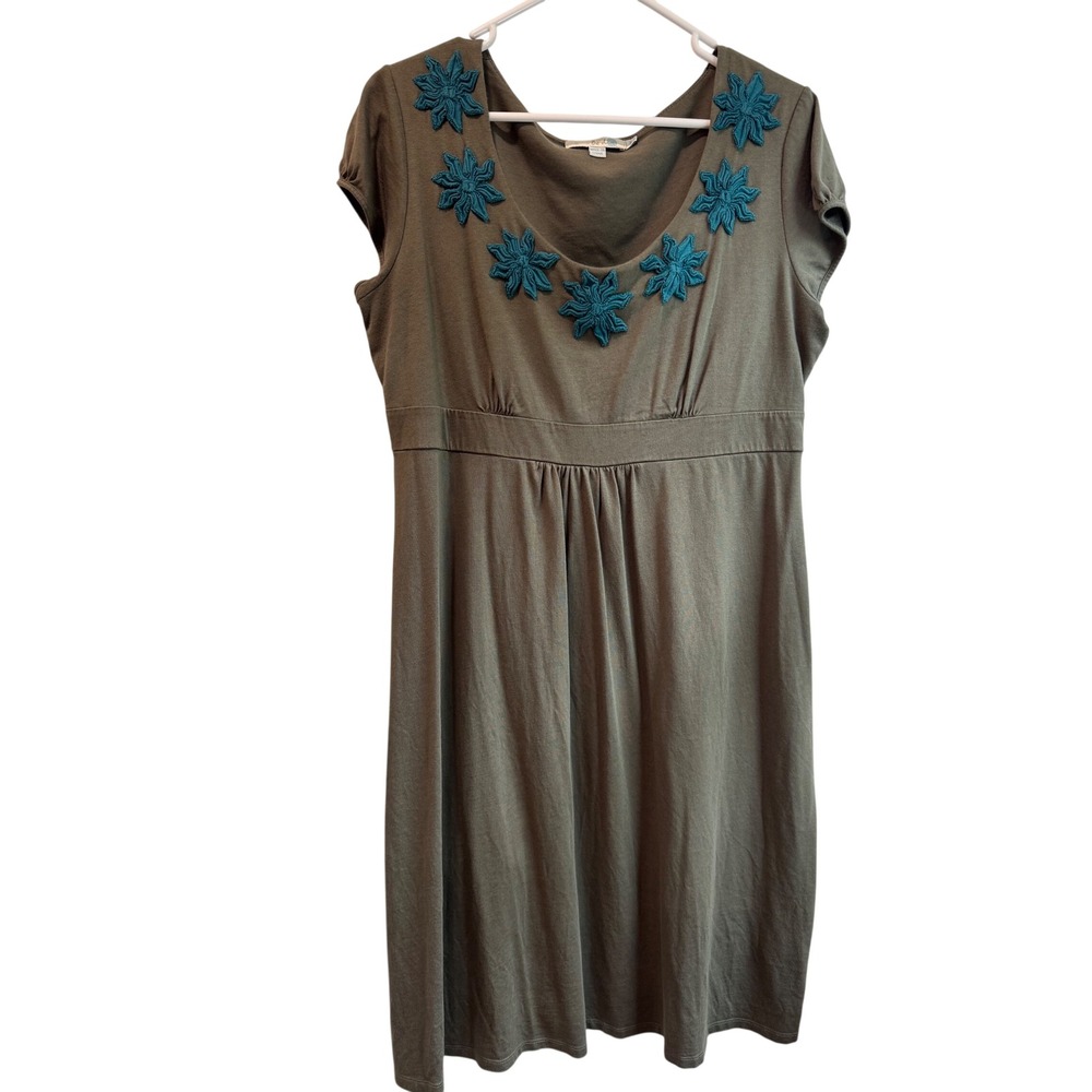 Boden Olive Green Floral Embroidered Empire Waist Jersey Dress US 12L